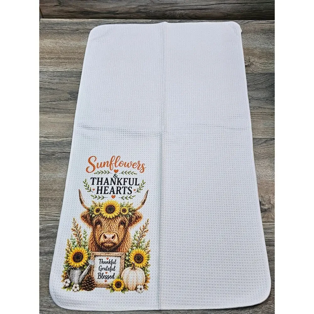 Highland Cow Thanksgiving Kitchen Towel Sunflower Thankful Fall Decor